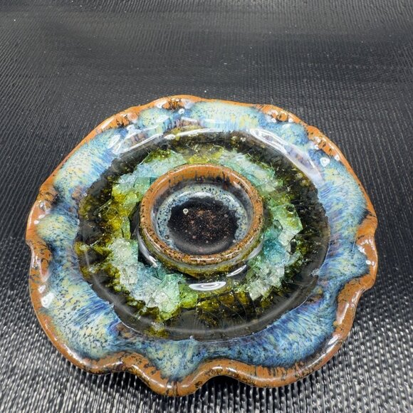 Crystalline Glaze Pottery Ruffle Edge Trinket Dish Tea Light Holder Votive USA - Picture 2 of 11